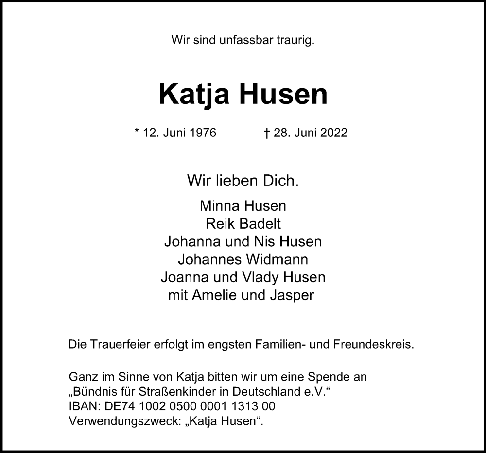  Traueranzeige für Katja Husen vom 02.07.2022 aus Hamburger Abendblatt