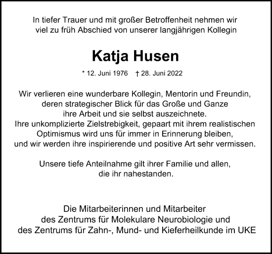 Traueranzeige von Katja Husen von Hamburger Abendblatt
