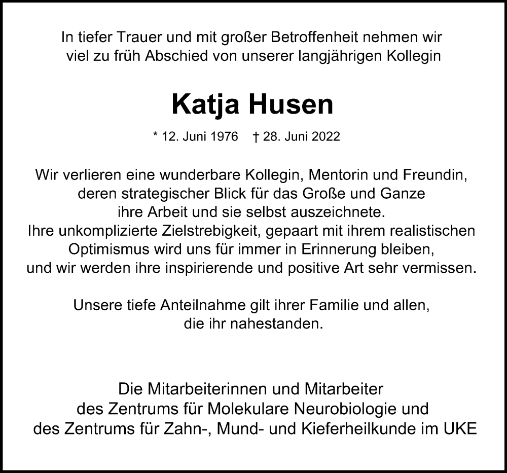  Traueranzeige für Katja Husen vom 06.07.2022 aus Hamburger Abendblatt