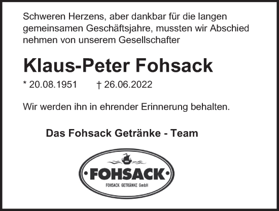 Traueranzeige von Klaus-Peter Fohsack von Hamburger Abendblatt