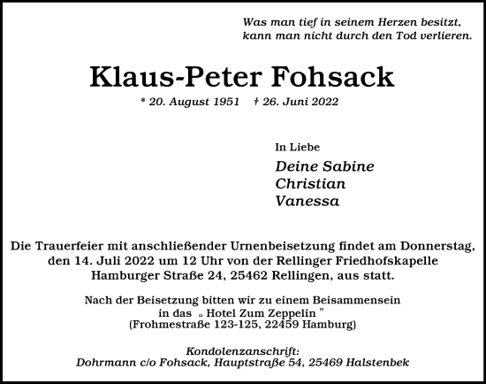 Traueranzeige von Klaus-Peter Fohsack von Hamburger Abendblatt