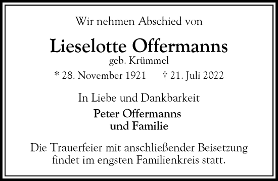 Traueranzeige von Lieselotte Offermanns von Hamburger Abendblatt