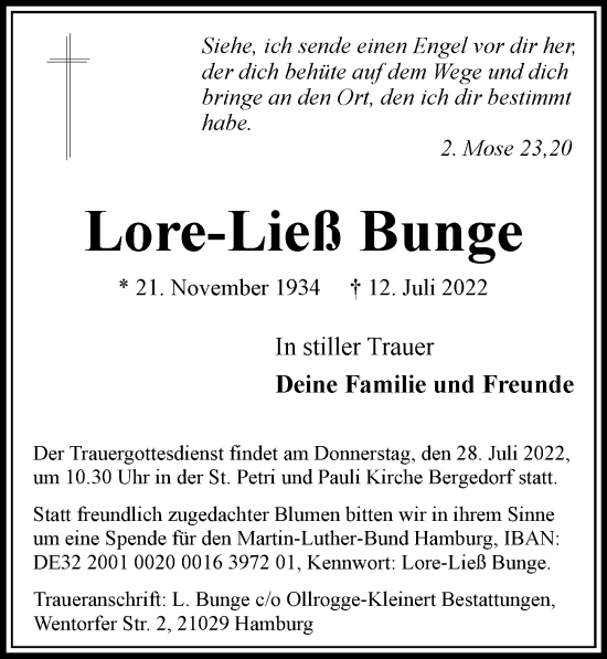 Traueranzeige von Lore-Ließ Bunge von Bille Wochenblatt, Bergedorfer Zeitung