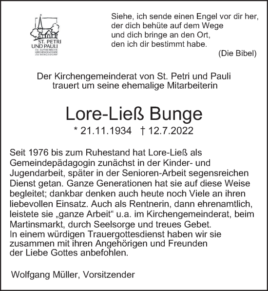 Traueranzeige von Lore-Ließ Bunge von Bergedorfer Zeitung