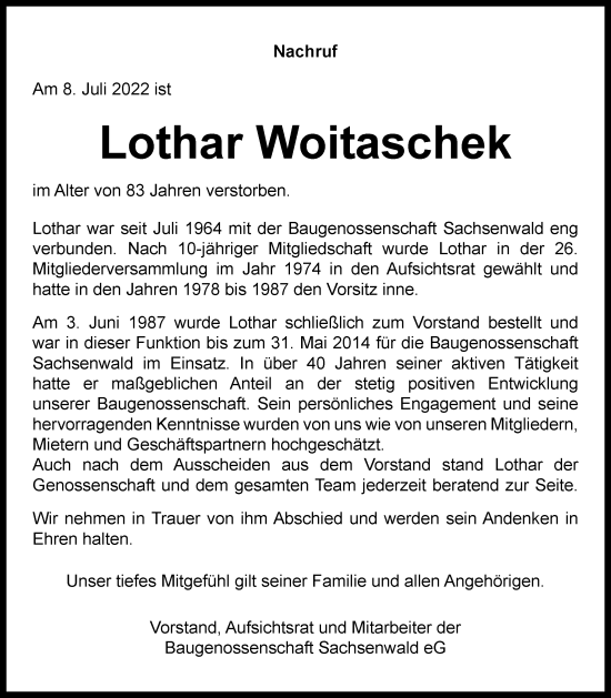 Traueranzeige von Lothar Woitaschek von Bille Wochenblatt, Bergedorfer Zeitung