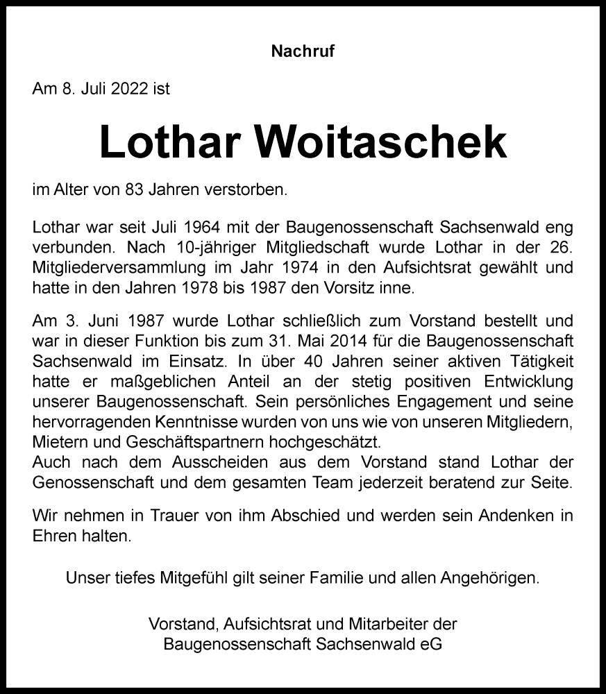  Traueranzeige für Lothar Woitaschek vom 23.07.2022 aus Bille Wochenblatt, Bergedorfer Zeitung