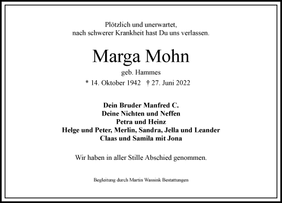 Traueranzeige von Marga Mohn von Hamburger Abendblatt