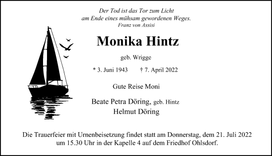 Traueranzeige von Monika Hintz von Hamburger Abendblatt