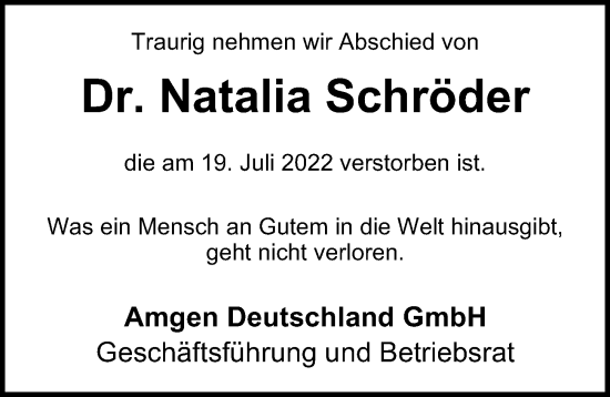 Traueranzeige von Natalia Schröder von Hamburger Abendblatt