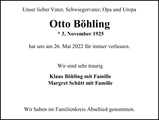 Traueranzeige von Otto Böhling von Billstedt/Horn