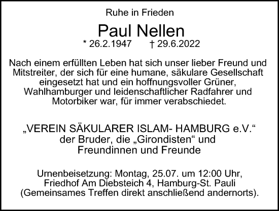 Traueranzeige von Paul Nellen von Hamburger Abendblatt