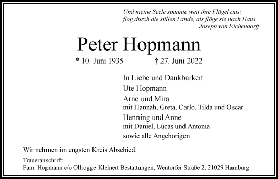 Traueranzeige von Peter Hopmann von Hamburger Abendblatt