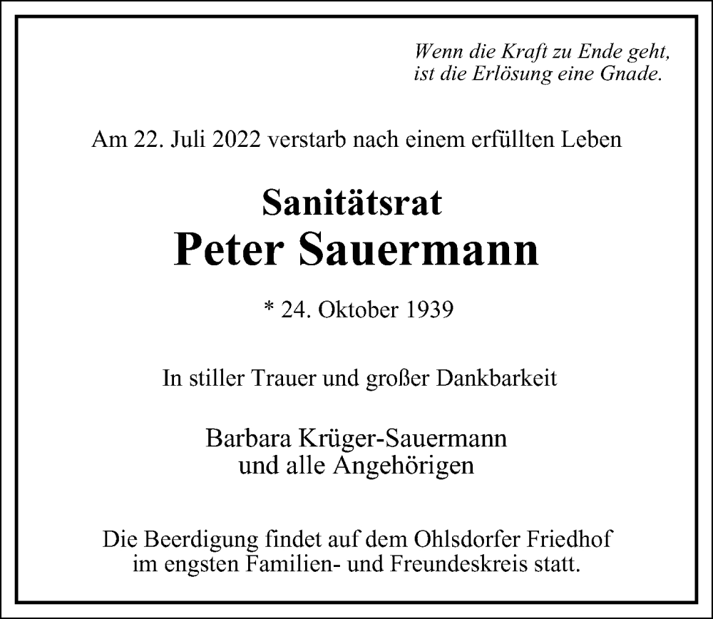  Traueranzeige für Peter Sauermann vom 30.07.2022 aus Hamburger Abendblatt