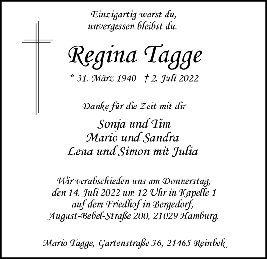 Traueranzeige von Regina Tagge von Bergedorfer Zeitung