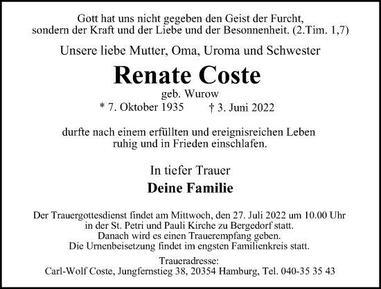 Traueranzeige von Renate Coste von Bergedorfer Zeitung