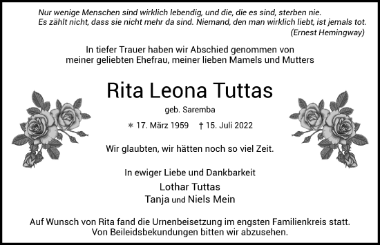 Traueranzeige von Rita Leona Tuttas von Hamburger Abendblatt