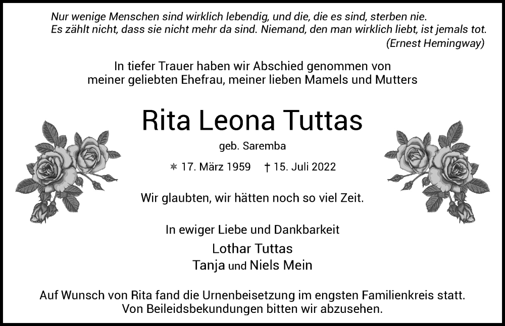  Traueranzeige für Rita Leona Tuttas vom 30.07.2022 aus Hamburger Abendblatt