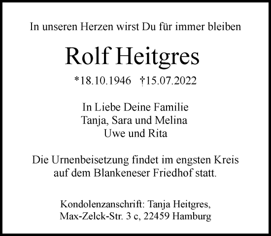 Traueranzeige von Rolf Heitgres von Hamburger Abendblatt