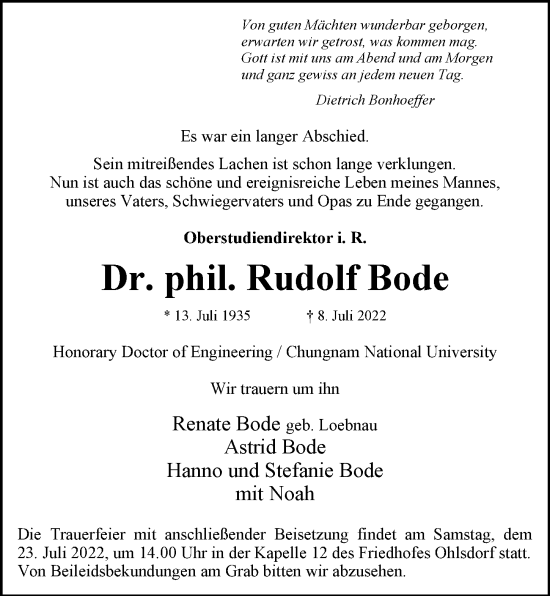 Traueranzeige von Rudolf Bode von Hamburger Abendblatt