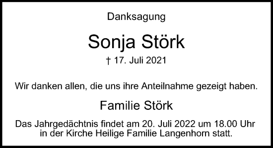 Traueranzeige von Sonja Störk von Hamburger Abendblatt