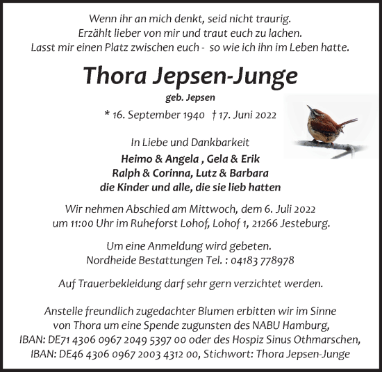 Traueranzeige von Thora Jepsen-Junge von Wandsbek/Rahlstedt/Jenfeld/Farmsen