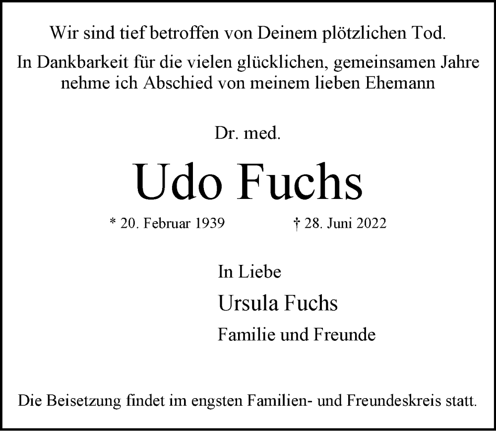  Traueranzeige für Udo Fuchs vom 09.07.2022 aus Hamburger Abendblatt, Niendorfer Wochenblatt