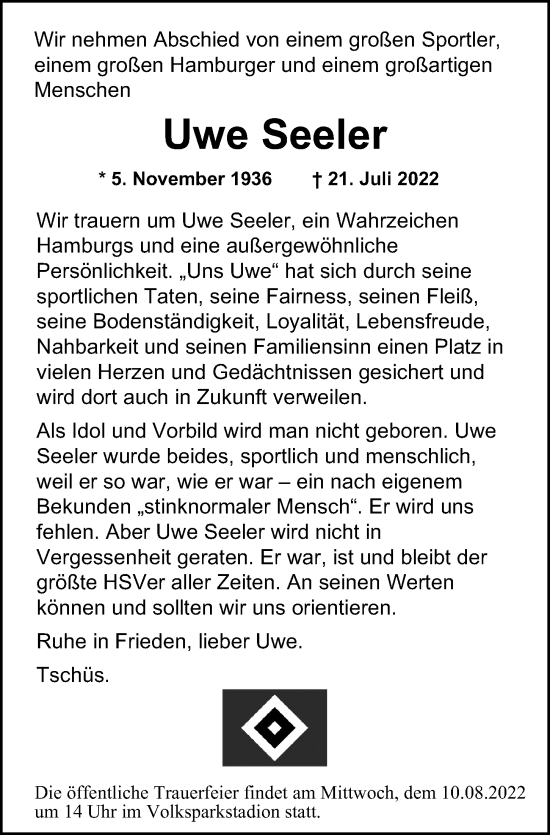 Traueranzeige von Uwe Seeler von Hamburger Abendblatt