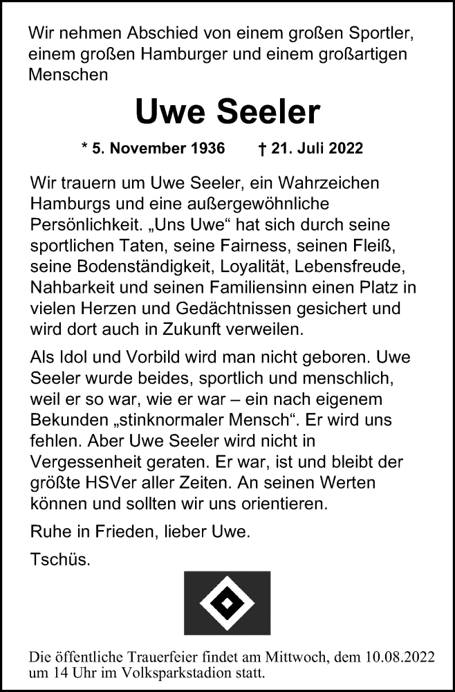  Traueranzeige für Uwe Seeler vom 30.07.2022 aus Hamburger Abendblatt