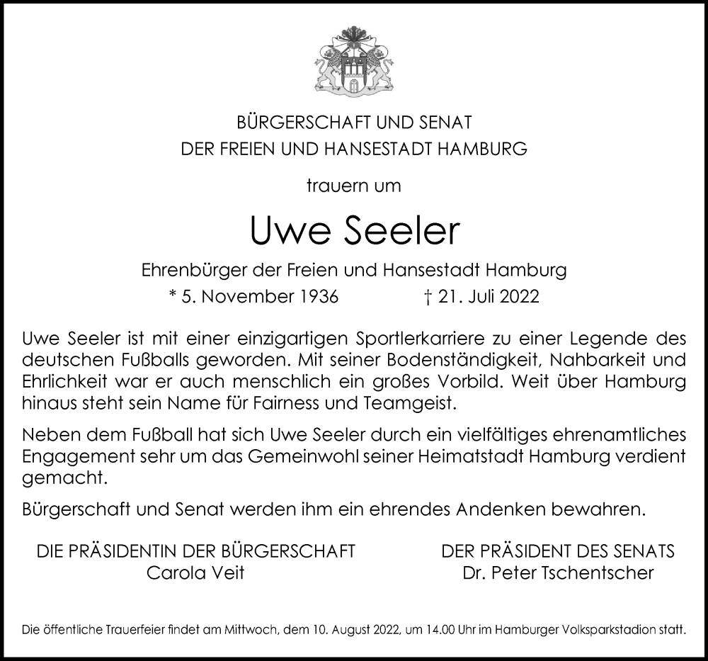  Traueranzeige für Uwe Seeler vom 30.07.2022 aus Hamburger Abendblatt