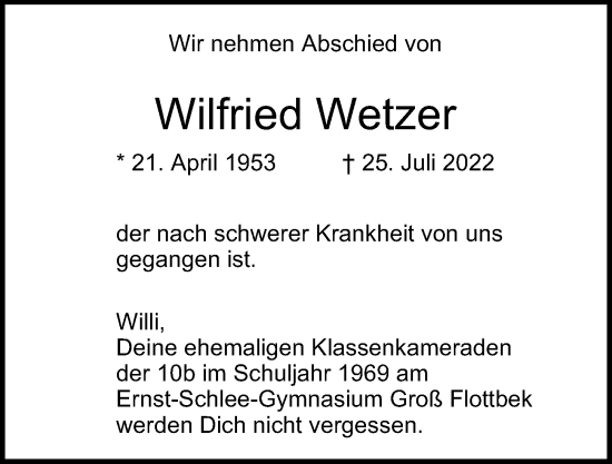 Traueranzeige von Wilfried Wetzer von Hamburger Abendblatt