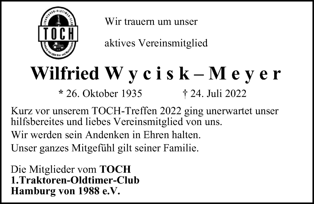  Traueranzeige für Wilfried Wycisk-Meyer vom 30.07.2022 aus Bergedorfer Zeitung