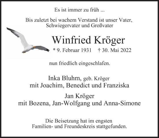 Traueranzeige von Winfried Kröger von Hamburger Abendblatt