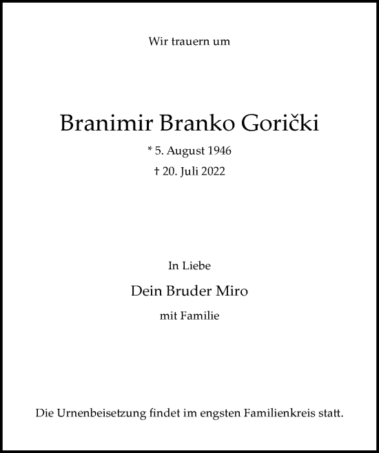 Traueranzeige von Branimir Branko Goricki von HAMBURGER ABENDBLATT