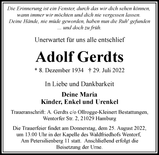 Traueranzeige von Adolf Gerdts von Bille Wochenblatt, Bergedorfer Zeitung