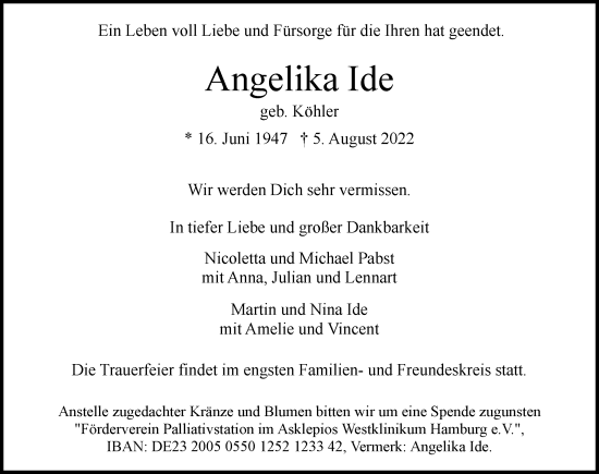 Traueranzeige von Angelika Ide von Hamburger Abendblatt