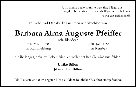 Traueranzeige von Barbara Alma Auguste Pfeiffer von Bille Wochenblatt, Bergedorfer Zeitung