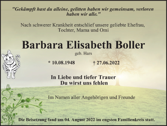 Traueranzeige von Barbara Elisabeth Boller von Bille Wochenblatt, Bergedorfer Zeitung