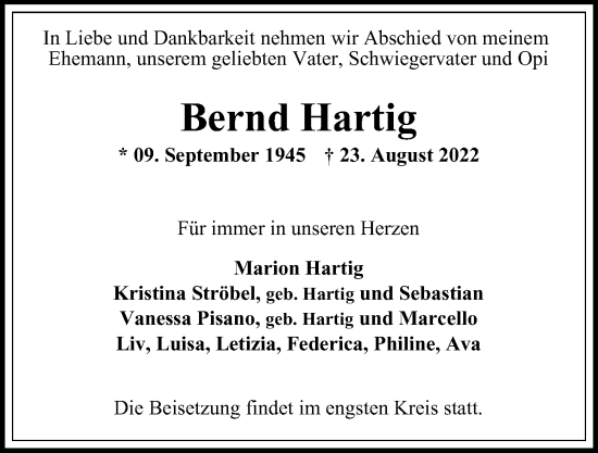 Traueranzeige von Bernd Hartig von Hamburger Abendblatt