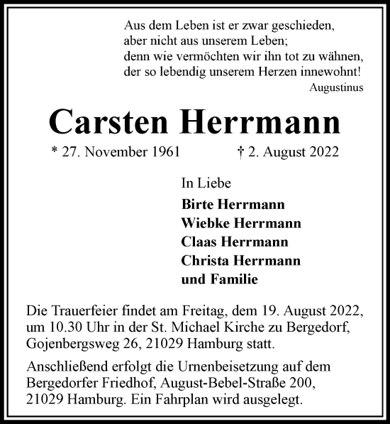 Traueranzeige von Carsten Herrmann von Bille Wochenblatt, Bergedorfer Zeitung