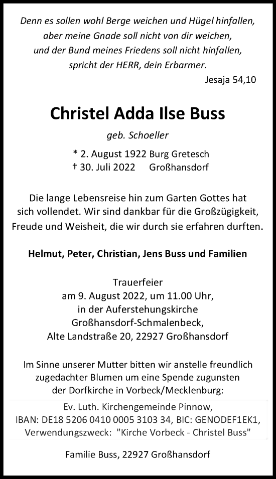 Traueranzeige von Christel Adda Ilse Buss von Hamburger Abendblatt