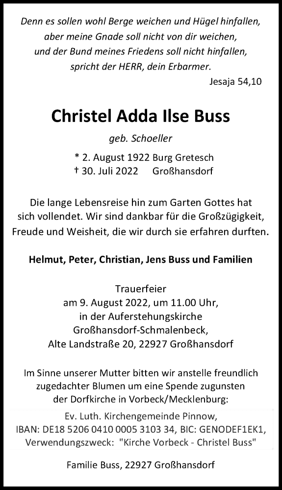  Traueranzeige für Christel Adda Ilse Buss vom 06.08.2022 aus Hamburger Abendblatt