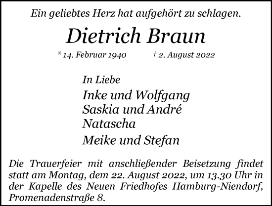 Traueranzeige von Dietrich Braun von Hamburger Abendblatt