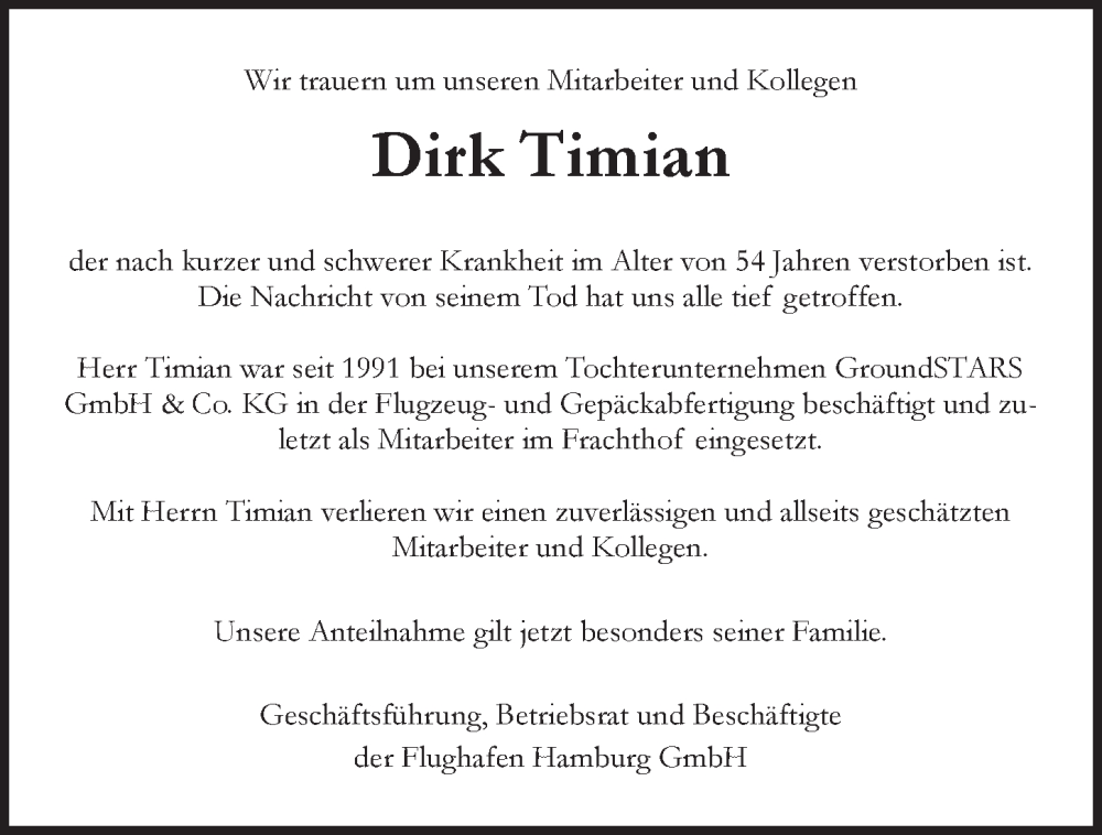  Traueranzeige für Dirk Timian vom 06.08.2022 aus Hamburger Abendblatt