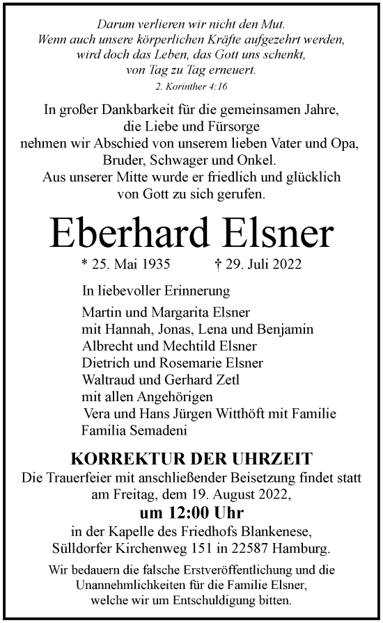 Traueranzeige von Eberhard Elsner von Hamburger Abendblatt
