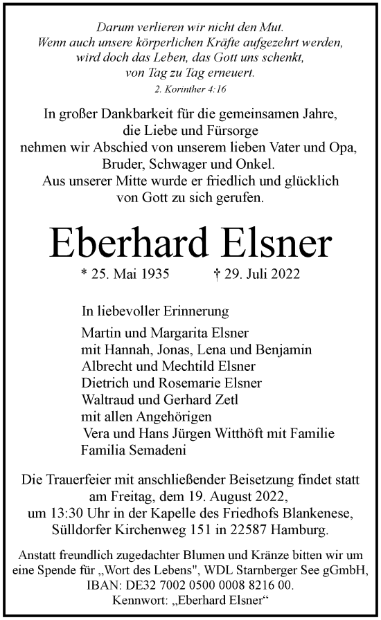 Traueranzeige von Eberhard Elsner von Hamburger Abendblatt