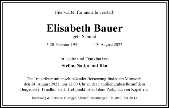 Traueranzeige von Elisabeth Bauer von Bille Wochenblatt, Bergedorfer Zeitung