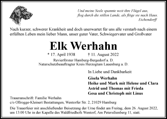 Traueranzeige von Elk Werhahn von Bille Wochenblatt, Bergedorfer Zeitung