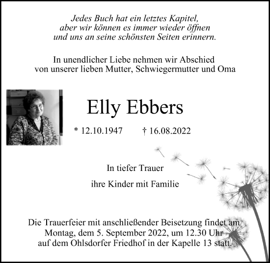 Traueranzeige von Elly Ebbers von Barmbek Bramfeld