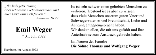 Traueranzeige von Emil Weger von Bille Wochenblatt, Bergedorfer Zeitung