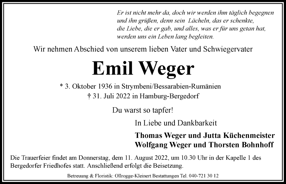  Traueranzeige für Emil Weger vom 06.08.2022 aus Bergedorfer Zeitung